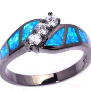 New - Blue Fire Opal With CZ In Black Gold Filled Ring - Size 9